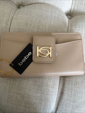 bebe Beige Leather Wallet with Gold Hardware